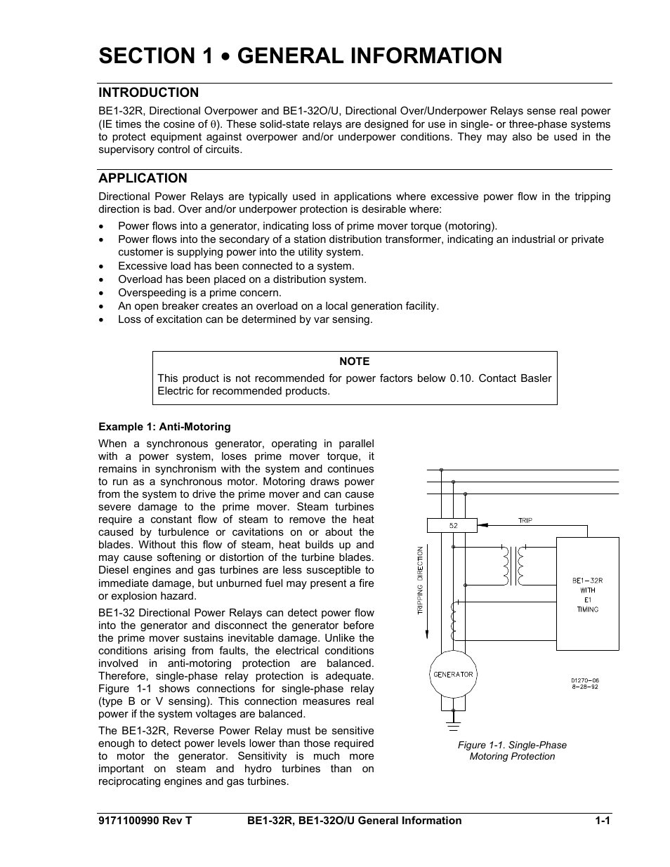 Introduction, Application, Example 1: anti-motoring | Section 1 • general information -1, Introduction -1, Application -1, Example 1: anti-motoring -1, Figure 1-1. single-phase -1 | Basler Electric BE1-32R User Manual | Page 11 / 82