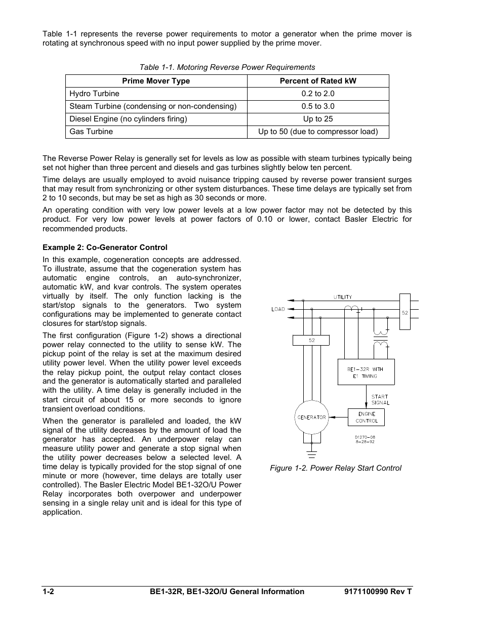 Example 2: co-generator control, Example 2: co-generator control -2, Figure 1-2. power relay start control -2 | Table 1-1. motoring reverse power requirements -2 | Basler Electric BE1-32R User Manual | Page 12 / 82