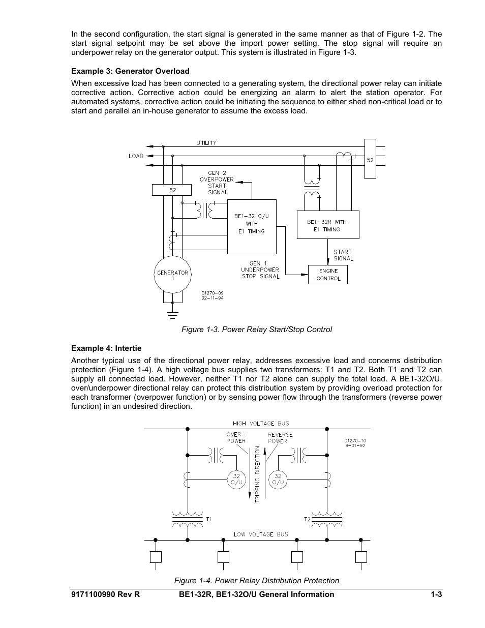 Example 3: generator overload, Example 4: intertie, Example 3: generator overload -3 | Example 4: intertie -3, Figure 1-3. power relay start/stop control -3, Figure 1-4. power relay distribution protection -3 | Basler Electric BE1-32R User Manual | Page 13 / 82