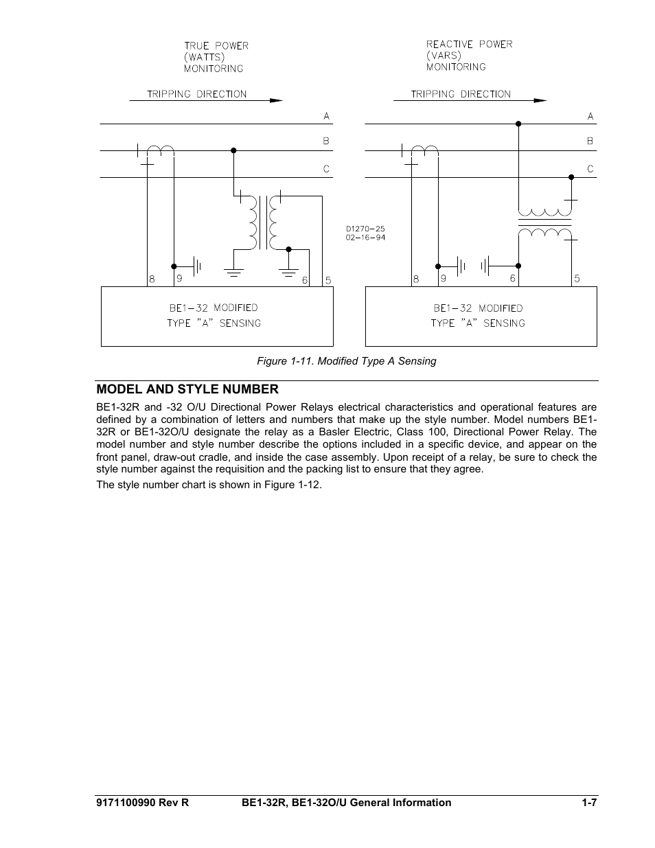 Model and style number, Model and style number -7, Figure 1-11. modified type a sensing -7 | Basler Electric BE1-32R User Manual | Page 17 / 82