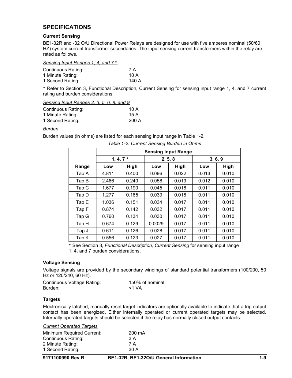 Specifications, Current sensing, Sensing input ranges 1, 4, and 7 | Sensing input ranges 2, 3, 5, 6, 8, and 9, Burden, Voltage sensing, Targets, Current operated targets, Specifications -9, Current sensing -9 | Basler Electric BE1-32R User Manual | Page 19 / 82
