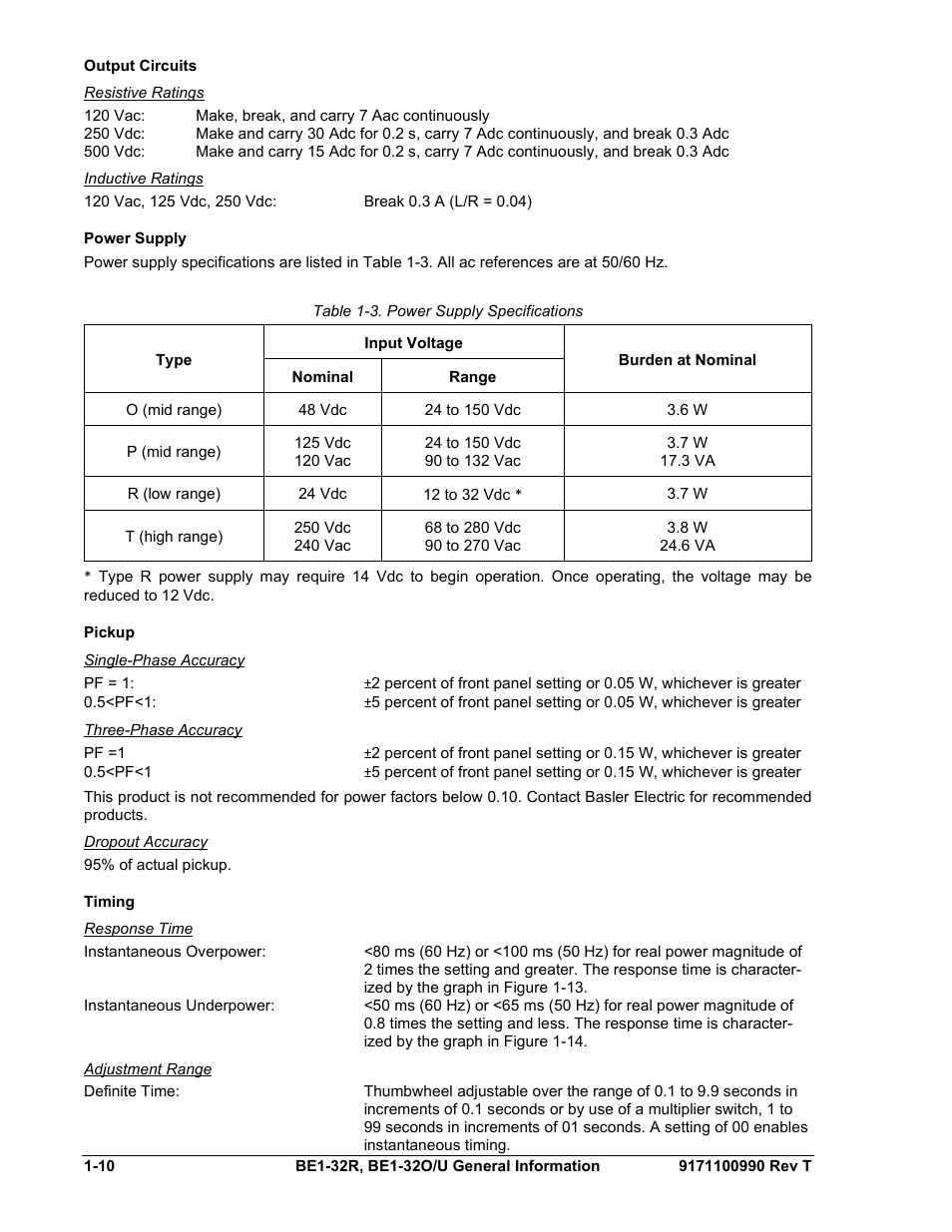 Output circuits, Resistive ratings, Inductive ratings | Power supply, Pickup, Single-phase accuracy, Three-phase accuracy, Dropout accuracy, Timing, Response time | Basler Electric BE1-32R User Manual | Page 20 / 82