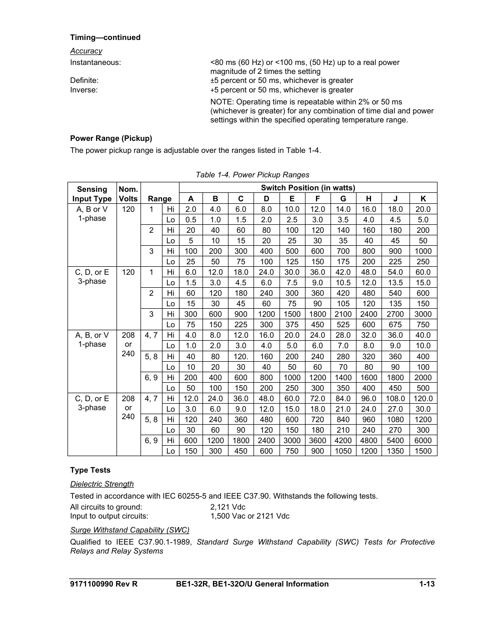 Timing—continued, Accuracy, Power range (pickup) | Type tests, Dielectric strength, Surge withstand capability (swc), Timing—continued -13, Power range (pickup) -13, Type tests -13, Table 1-4. power pickup ranges -13 | Basler Electric BE1-32R User Manual | Page 23 / 82