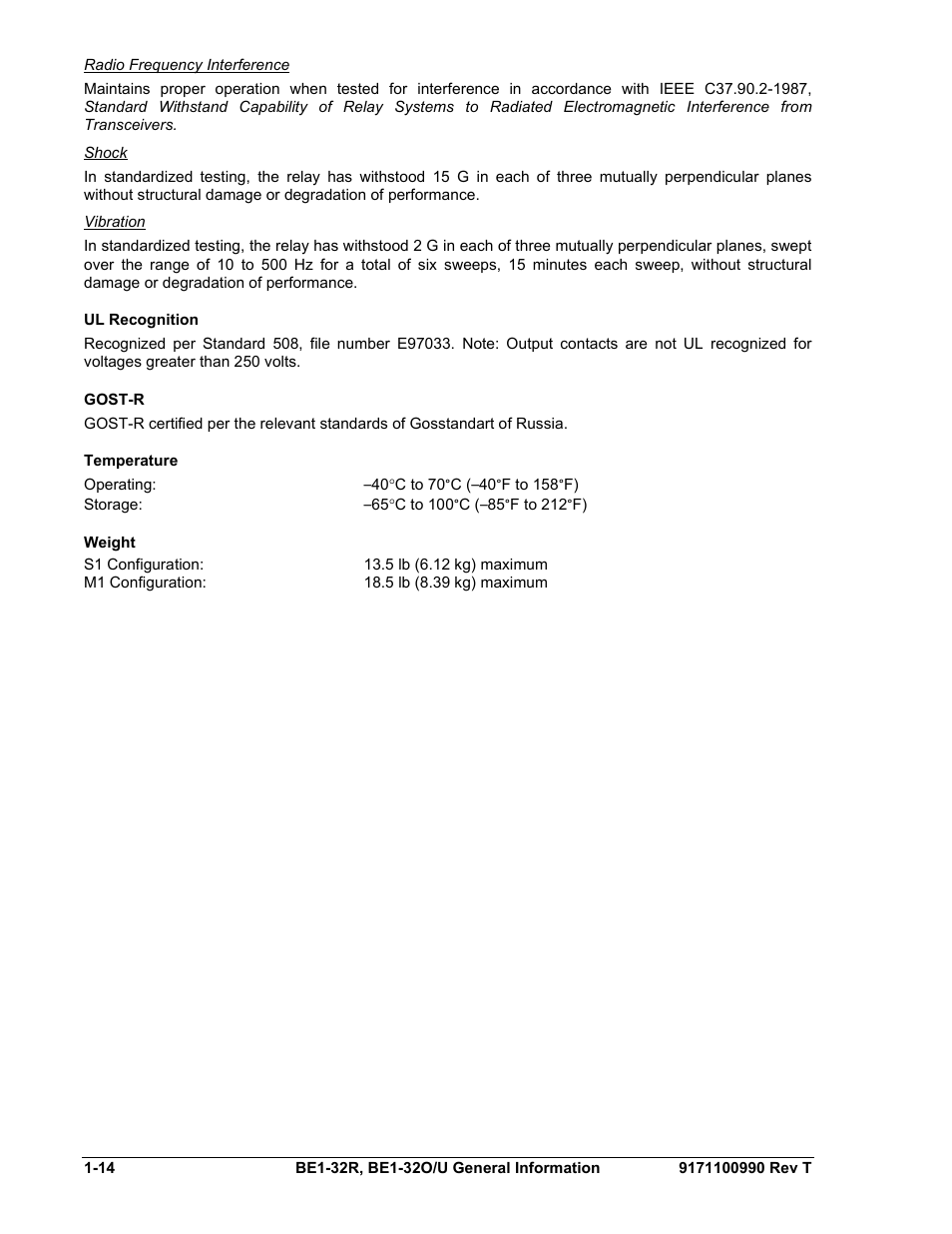 Radio frequency interference, Shock, Vibration | Ul recognition, Gost-r, Temperature, Weight, Ul recognition -14, Gost-r -14, Temperature -14 | Basler Electric BE1-32R User Manual | Page 24 / 82