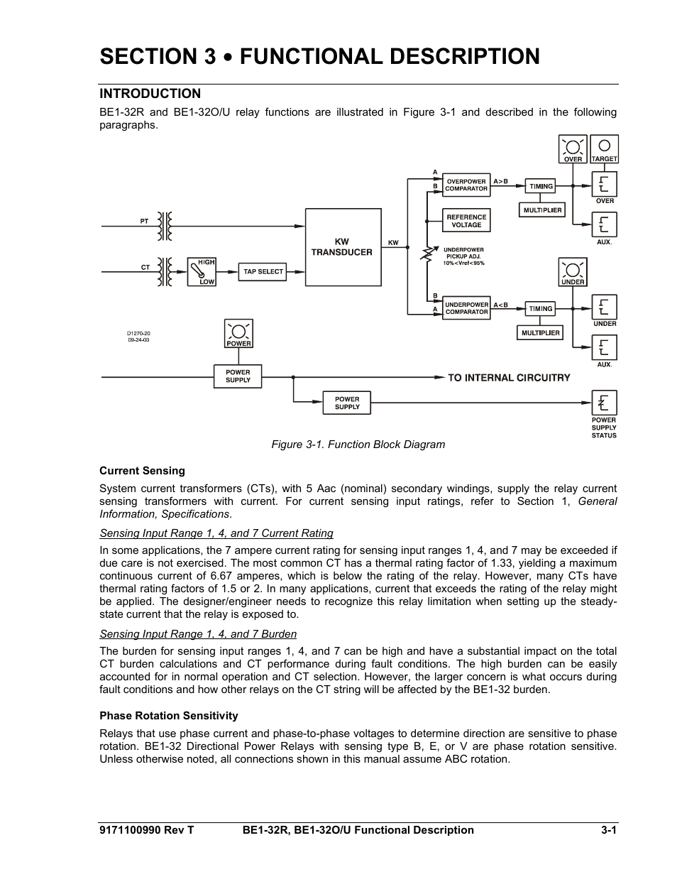 Introduction, Current sensing, Sensing input range 1, 4, and 7 current rating | Sensing input range 1, 4, and 7 burden, Phase rotation sensitivity, Section 3 • functional description -1, Introduction -1, Current sensing -1, Phase rotation sensitivity -1, Figure 3-1. function block diagram -1 | Basler Electric BE1-32R User Manual | Page 29 / 82