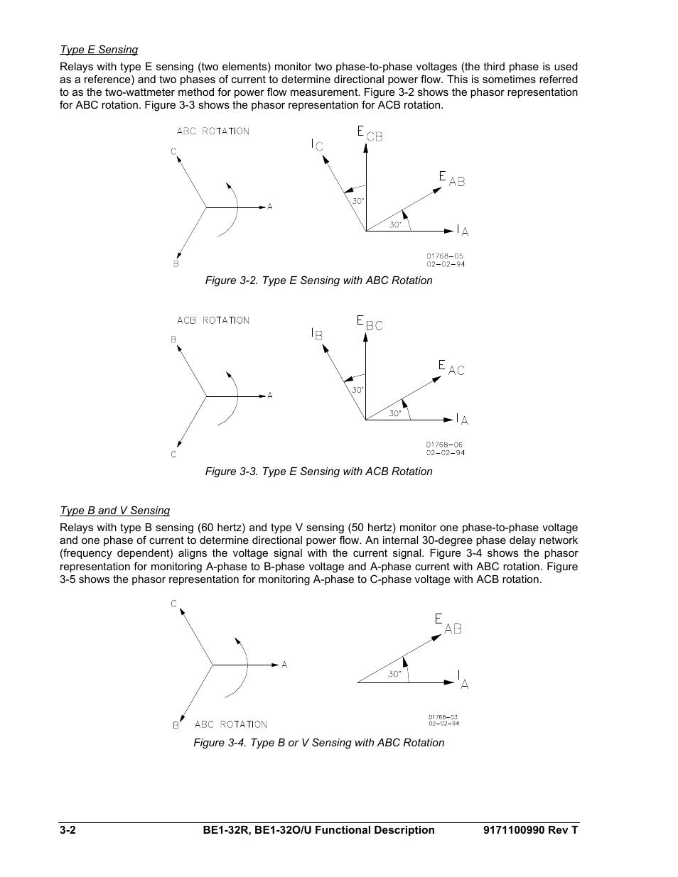 Type e sensing, Type b and v sensing, Figure 3-2. type e sensing with abc rotation -2 | Figure 3-3. type e sensing with acb rotation -2 | Basler Electric BE1-32R User Manual | Page 30 / 82