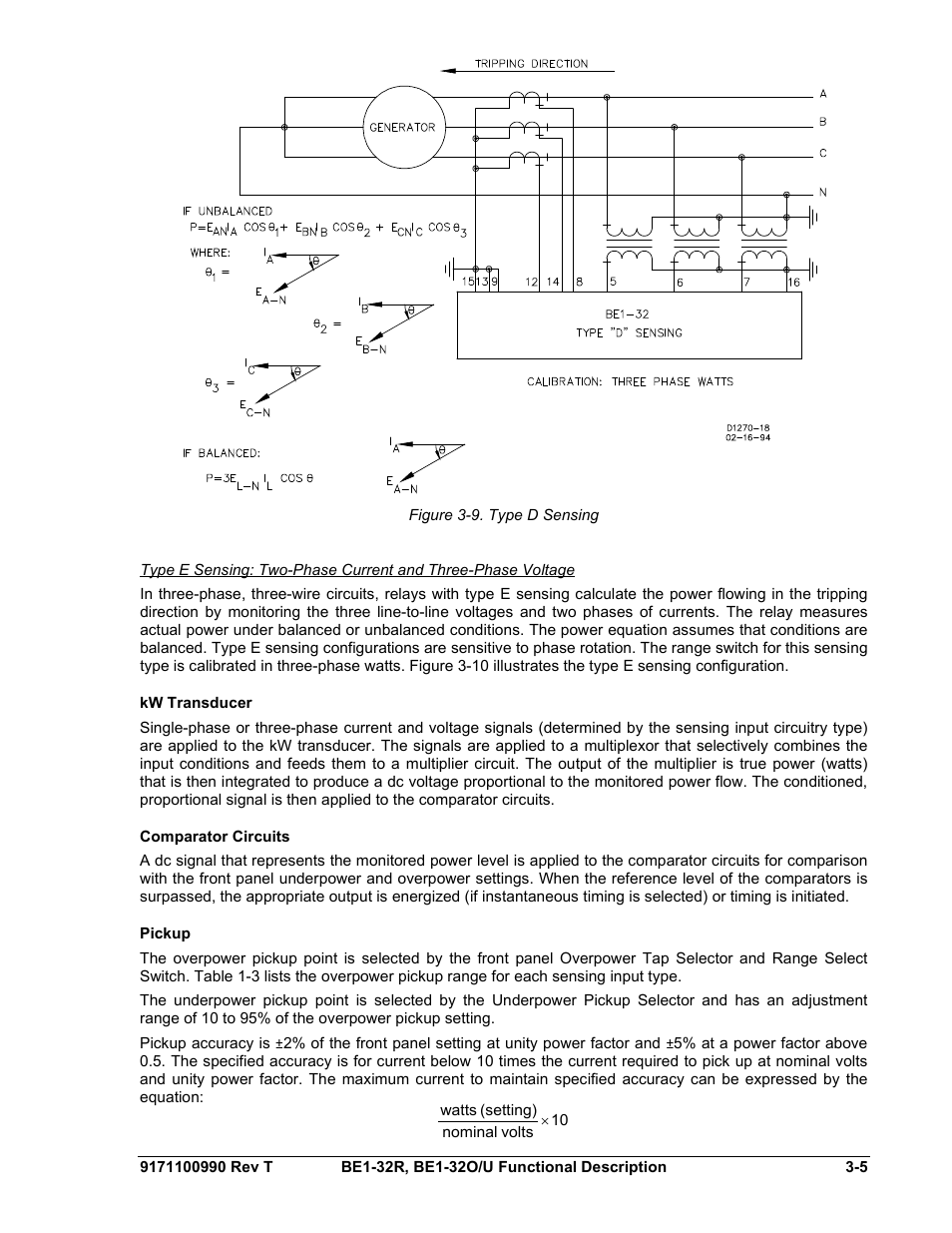 Kw transducer, Comparator circuits, Pickup | Kw transducer -5, Comparator circuits -5, Pickup -5, Figure 3-9. type d sensing -5 | Basler Electric BE1-32R User Manual | Page 33 / 82