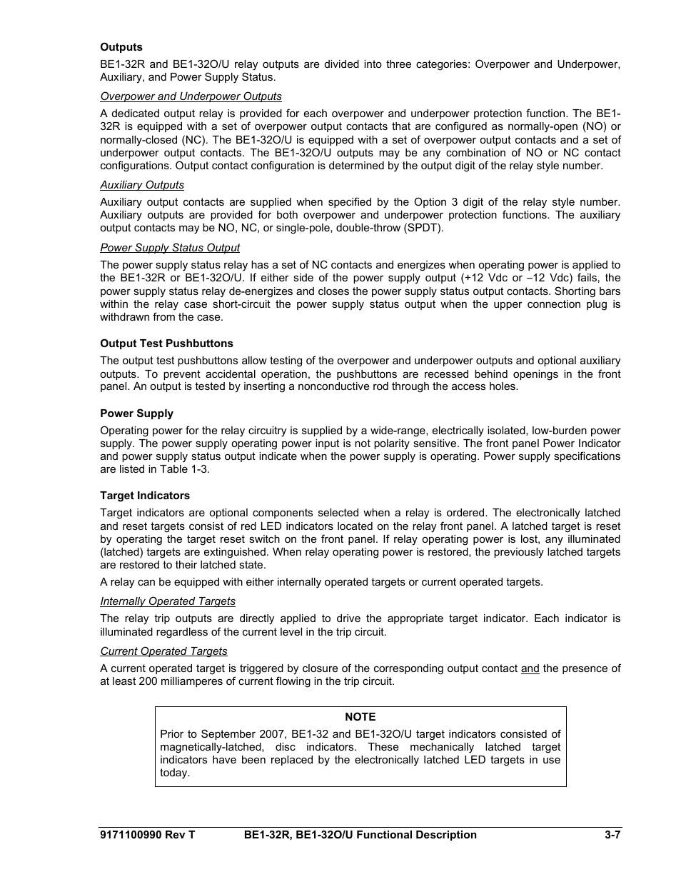 Outputs, Overpower and underpower outputs, Auxiliary outputs | Power supply status output, Output test pushbuttons, Power supply, Target indicators, Internally operated targets, Current operated targets, Outputs -7 | Basler Electric BE1-32R User Manual | Page 35 / 82