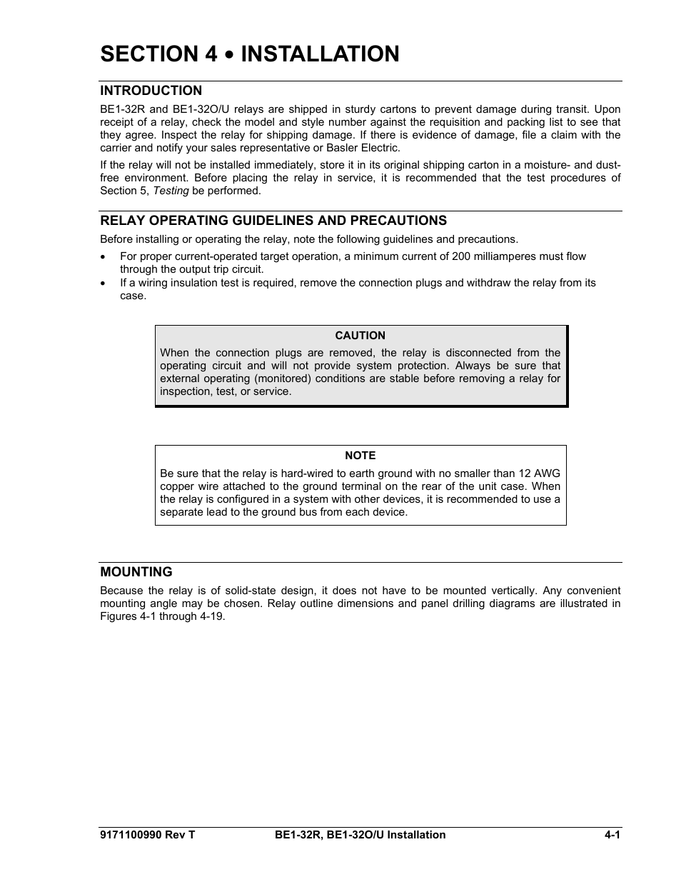 Introduction, Relay operating guidelines and precautions, Mounting | Section 4 • installation -1, Introduction -1, Relay operating guidelines and precautions -1, Mounting -1 | Basler Electric BE1-32R User Manual | Page 39 / 82