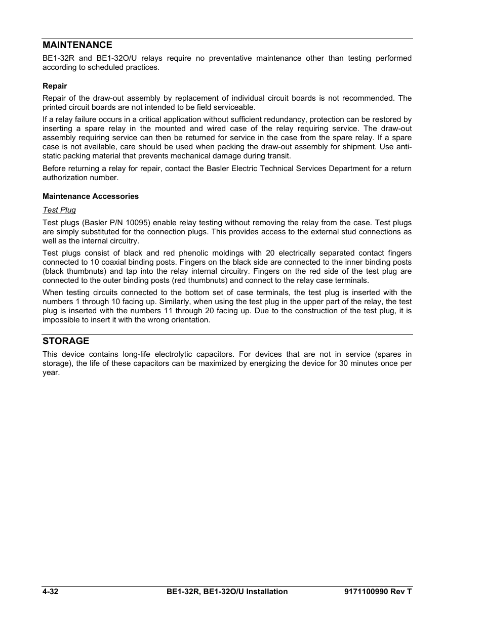 Maintenance, Repair, Maintenance accessories | Test plug, Storage, Maintenance -32, Repair -32, Maintenance accessories -32, Storage -32 | Basler Electric BE1-32R User Manual | Page 70 / 82