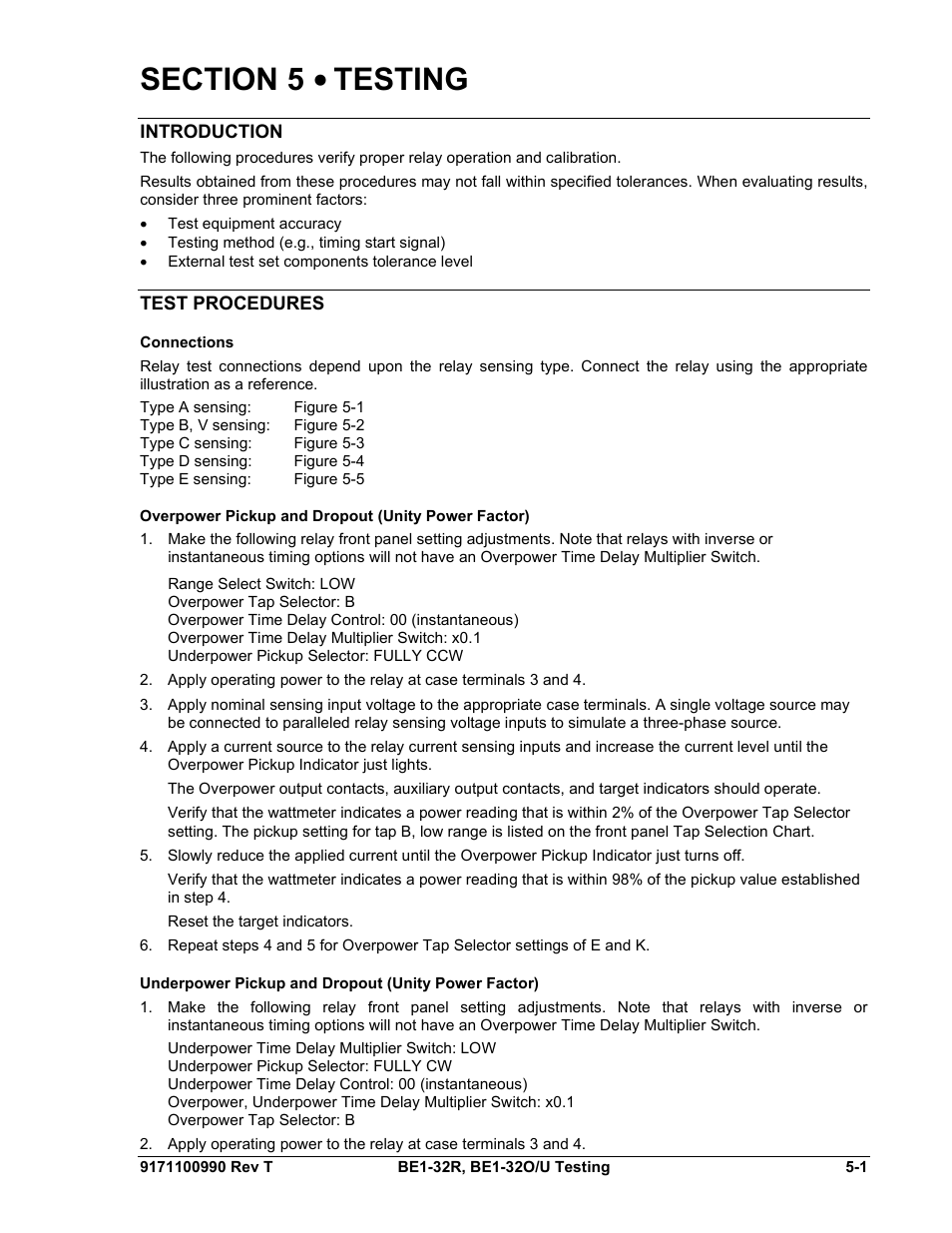 Introduction, Test procedures, Connections | Overpower pickup and dropout (unity power factor), Underpower pickup and dropout (unity power factor), Section 5 • testing -1, Introduction -1, Test procedures -1, Connections -1 | Basler Electric BE1-32R User Manual | Page 73 / 82