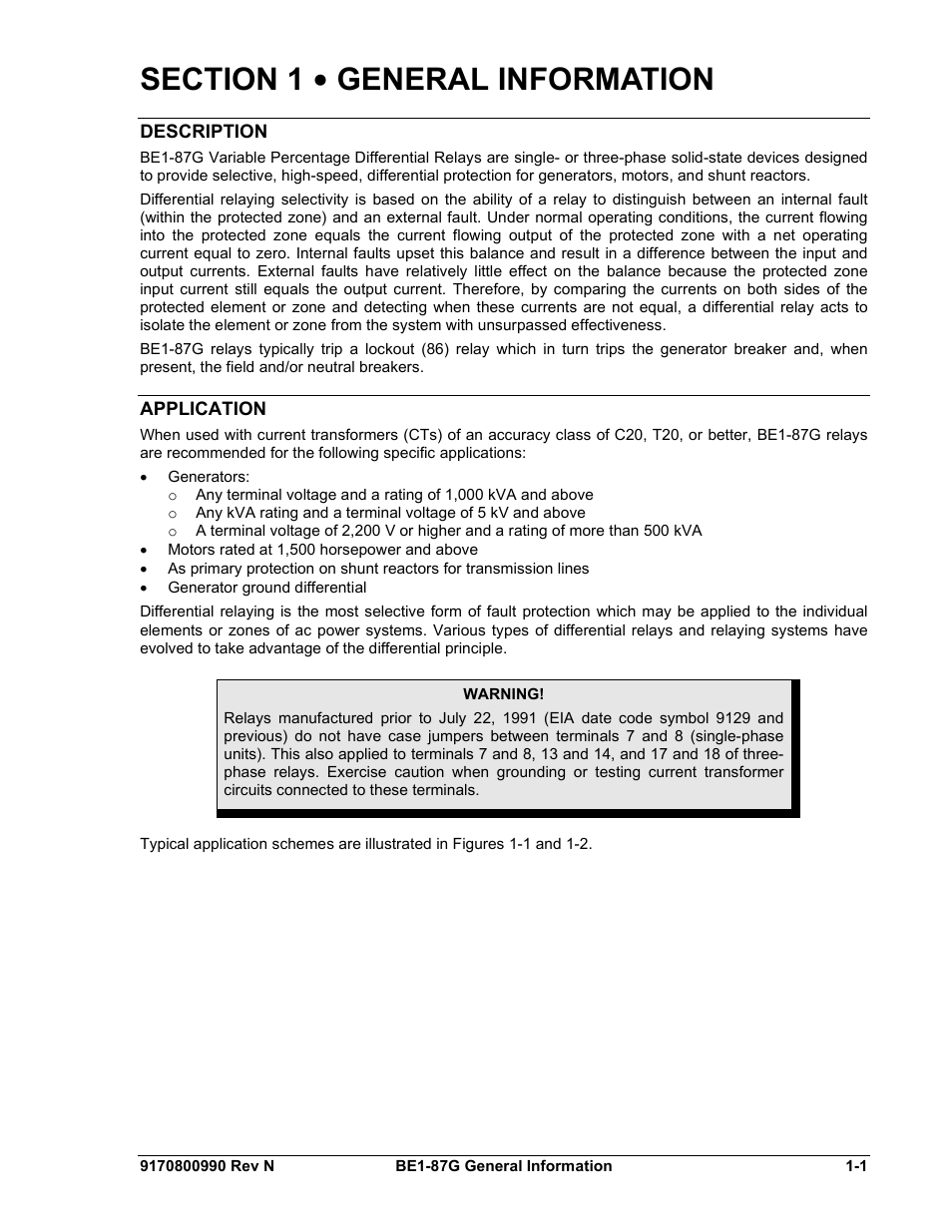 Description, Application, Section 1 • general information -1 | Description -1, Application -1 | Basler Electric BE1-87G User Manual | Page 11 / 68