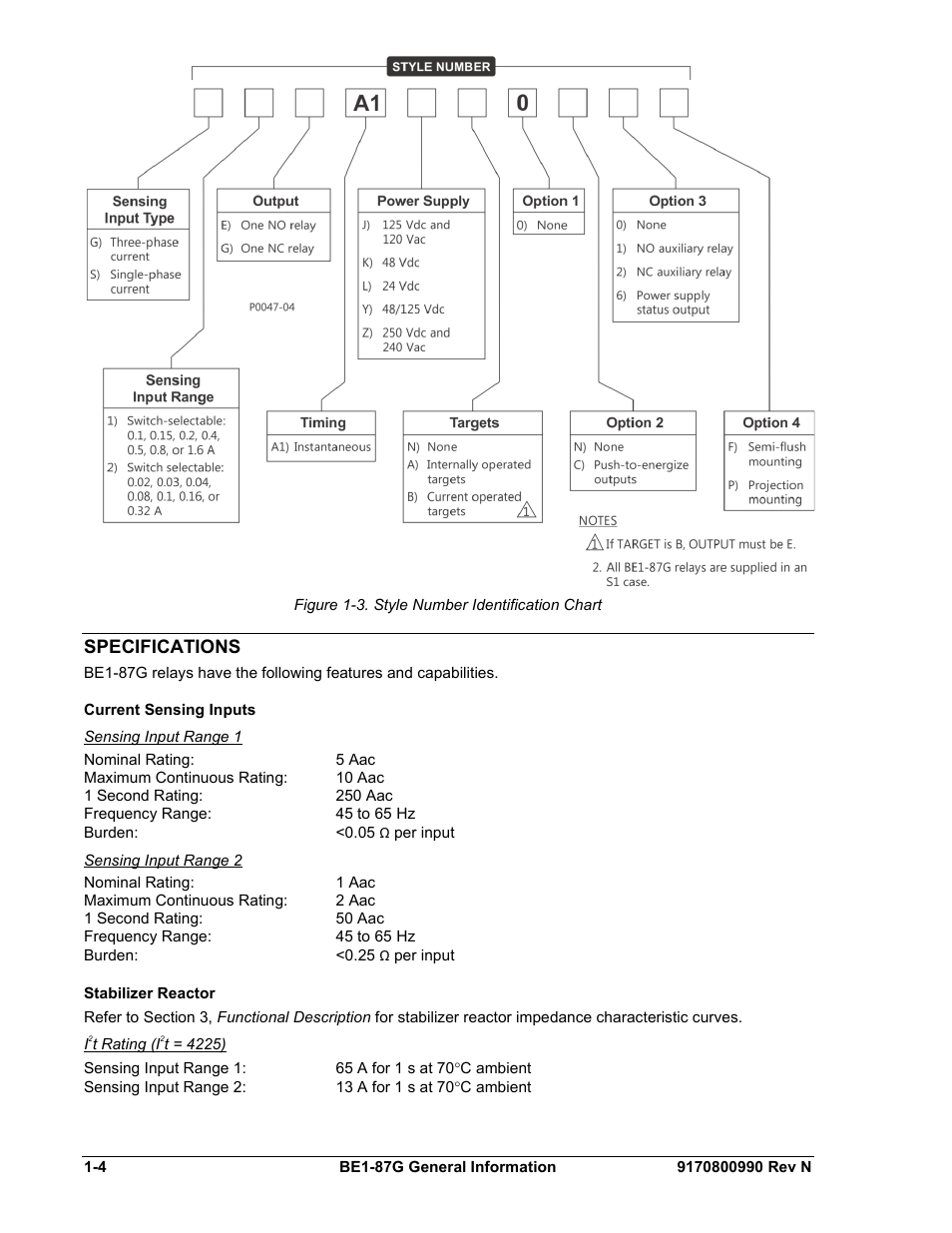 Specifications, Current sensing inputs, Sensing input range 1 | Sensing input range 2, Stabilizer reactor, I2t rating (i2t = 4225), Specifications -4, Current sensing inputs -4, Stabilizer reactor -4, Figure 1-3. style number identification chart -4 | Basler Electric BE1-87G User Manual | Page 14 / 68