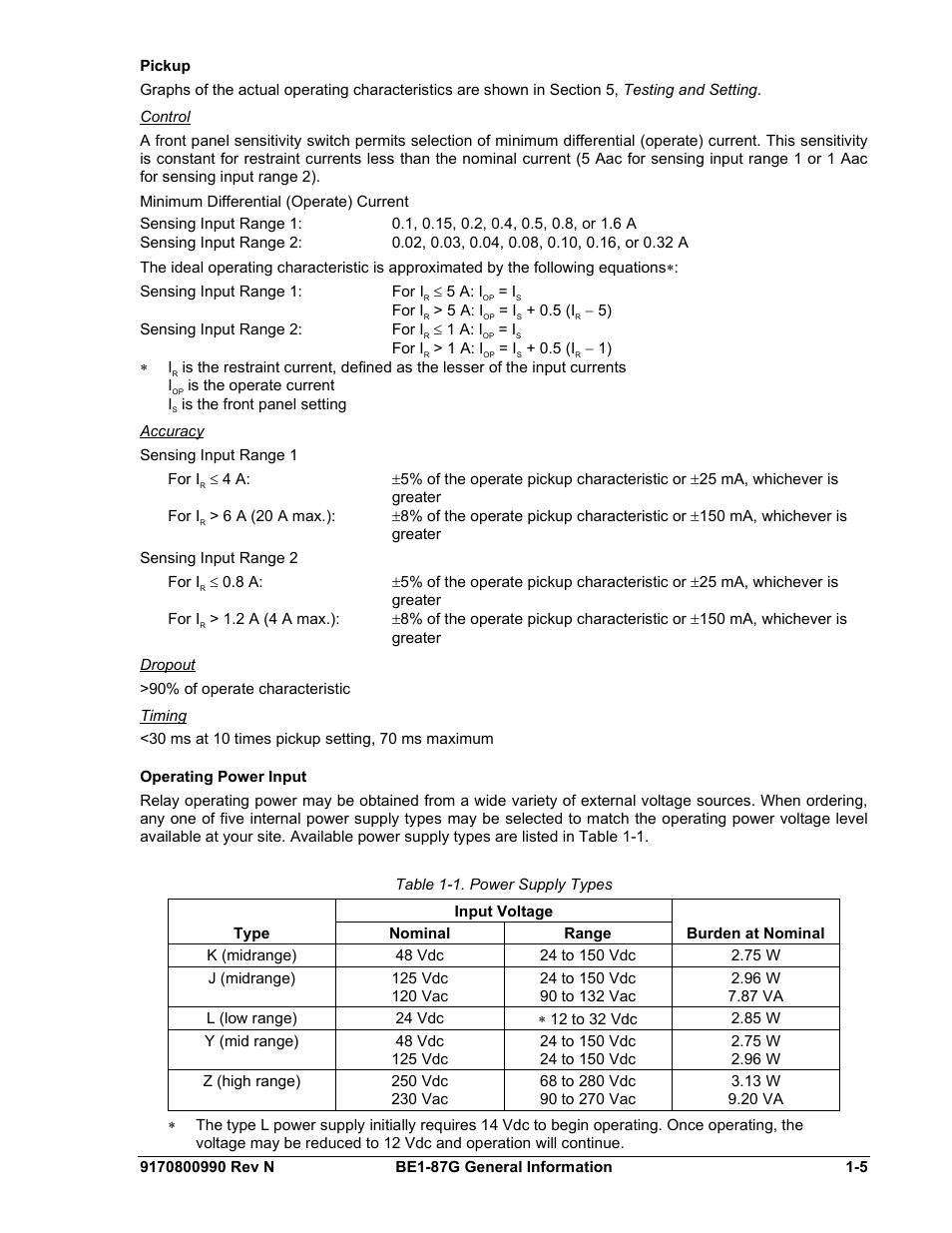 Pickup, Control, Accuracy | Dropout, Timing, Operating power input, Pickup -5, Operating power input -5, Table 1-1. power supply types -5 | Basler Electric BE1-87G User Manual | Page 15 / 68