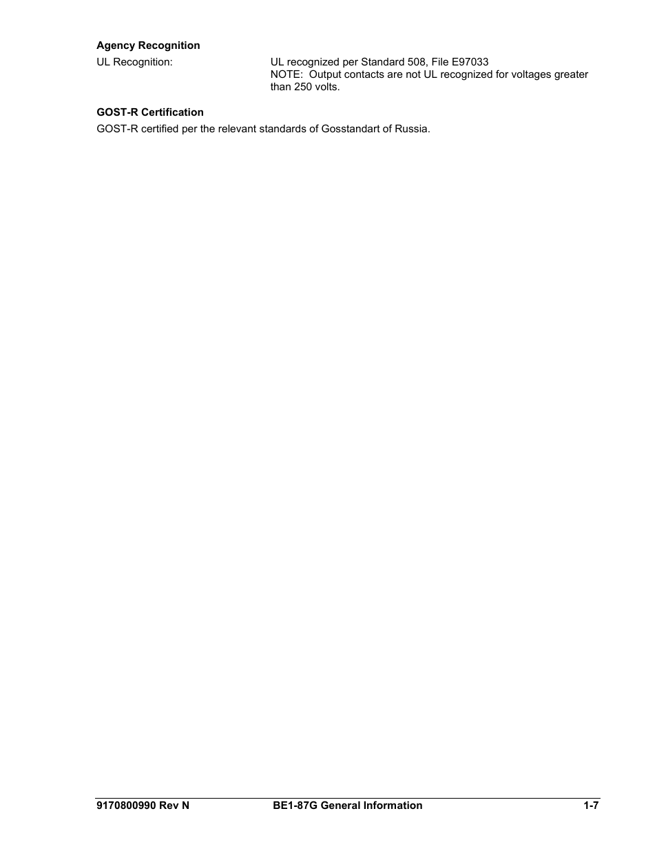 Agency recognition, Gost-r certification, Agency recognition -7 | Gost-r certification -7 | Basler Electric BE1-87G User Manual | Page 17 / 68