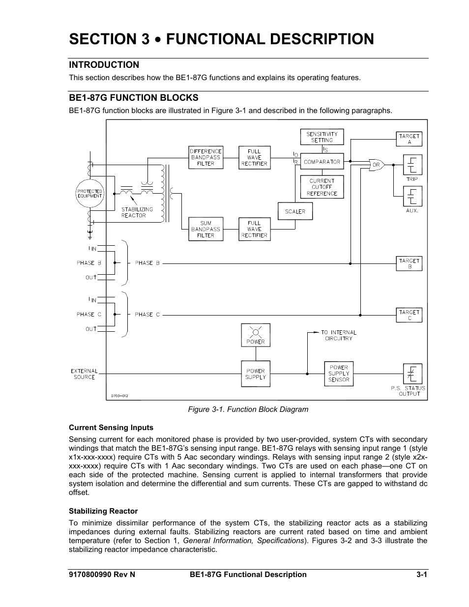 Introduction, Be1-87g function blocks, Current sensing inputs | Stabilizing reactor, Section 3 • functional description -1, Introduction -1, Be1-87g function blocks -1, Current sensing inputs -1, Stabilizing reactor -1, Figure 3-1. function block diagram -1 | Basler Electric BE1-87G User Manual | Page 25 / 68