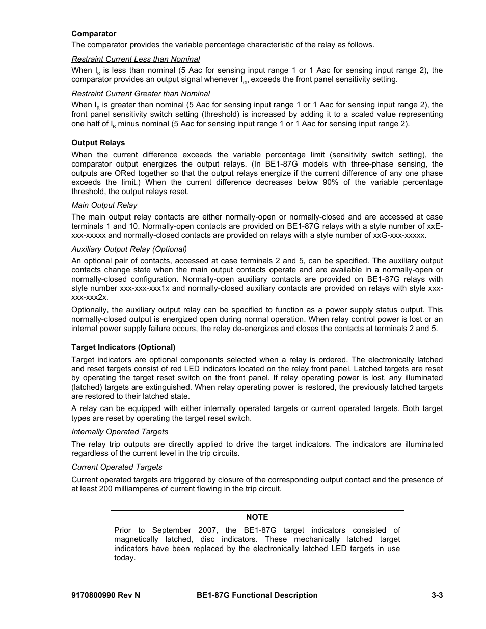 Comparator, Restraint current less than nominal, Restraint current greater than nominal | Output relays, Main output relay, Auxiliary output relay (optional), Target indicators (optional), Internally operated targets, Current operated targets, Comparator -3 | Basler Electric BE1-87G User Manual | Page 27 / 68