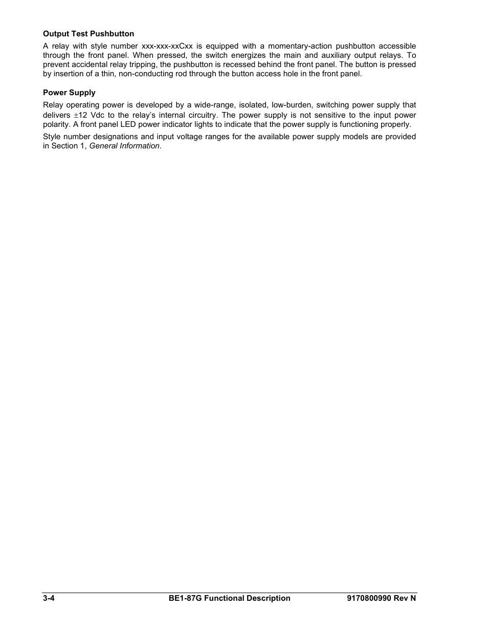 Output test pushbutton, Power supply, Output test pushbutton -4 | Power supply -4 | Basler Electric BE1-87G User Manual | Page 28 / 68