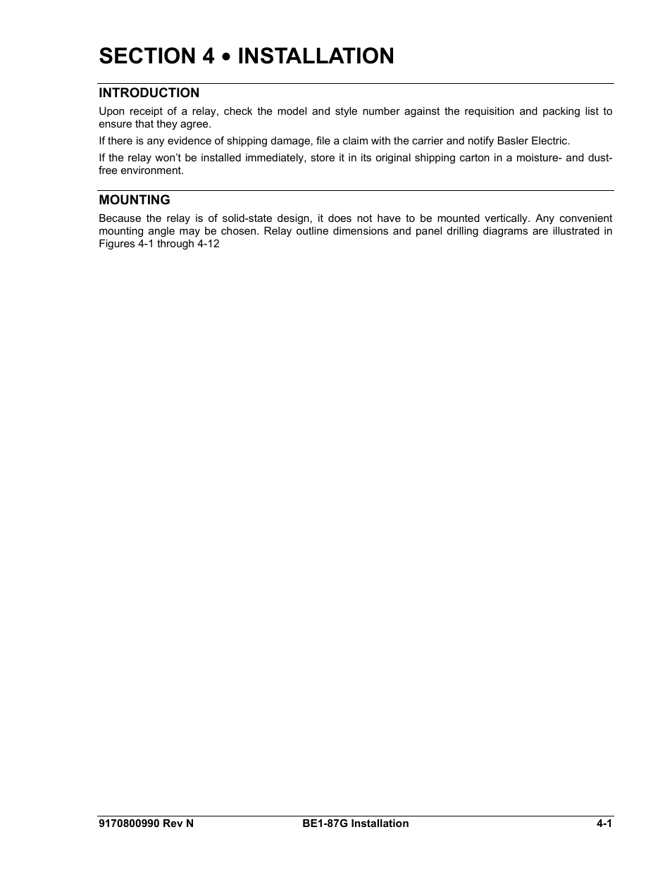 Introduction, Mounting, Section 4 • installation -1 | Introduction -1, Mounting -1 | Basler Electric BE1-87G User Manual | Page 31 / 68