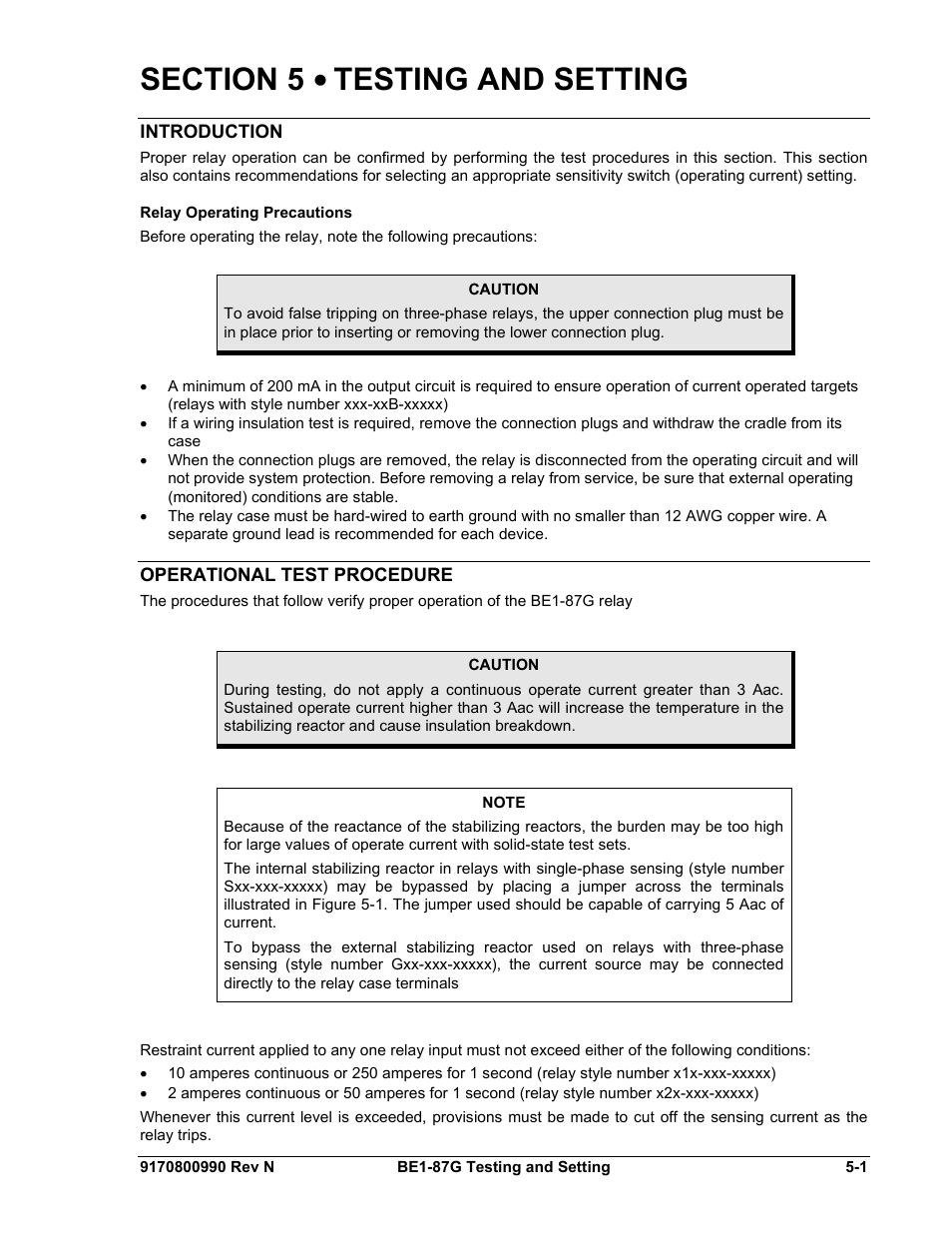 Introduction, Relay operating precautions, Operational test procedure | Section 5 • testing and setting -1, Introduction -1, Relay operating precautions -1, Operational test procedure -1 | Basler Electric BE1-87G User Manual | Page 57 / 68