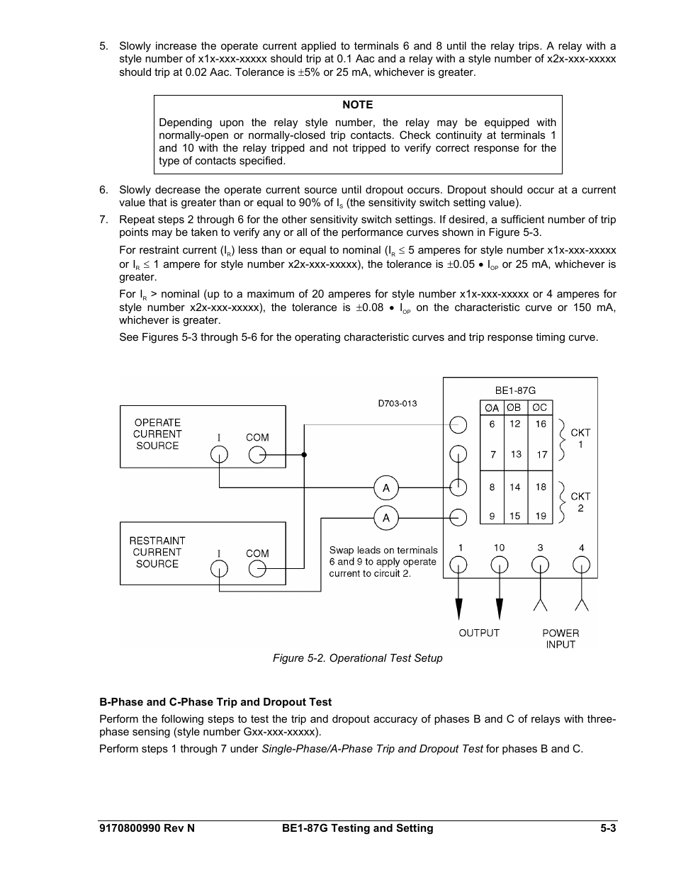 B-phase and c-phase trip and dropout test, B-phase and c-phase trip and dropout test -3, Figure 5-2. operational test setup -3 | Basler Electric BE1-87G User Manual | Page 59 / 68