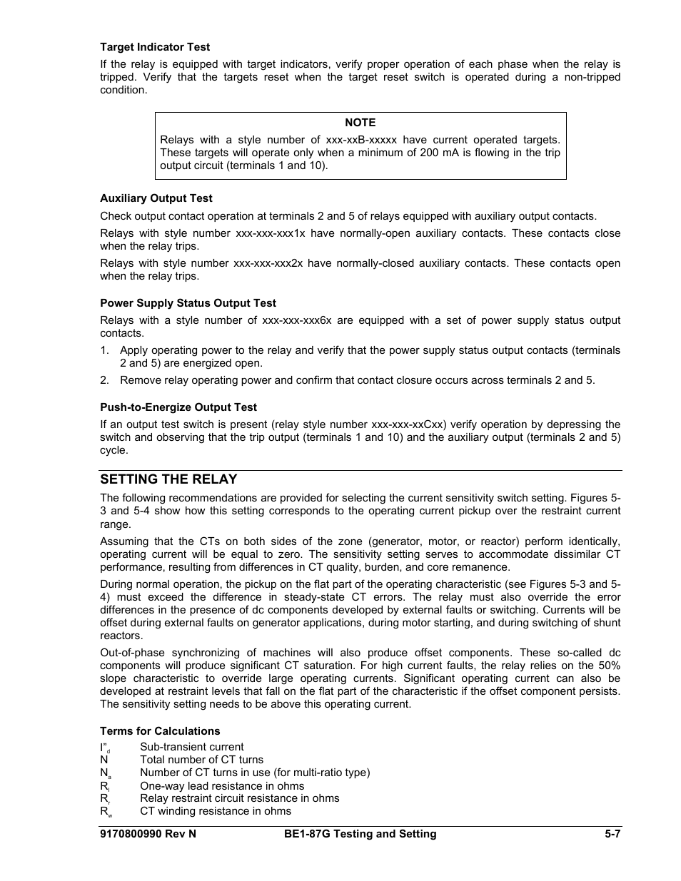 Target indicator test, Auxiliary output test, Power supply status output test | Push-to-energize output test, Setting the relay, Terms for calculations, Target indicator test -7, Auxiliary output test -7, Power supply status output test -7, Push-to-energize output test -7 | Basler Electric BE1-87G User Manual | Page 63 / 68