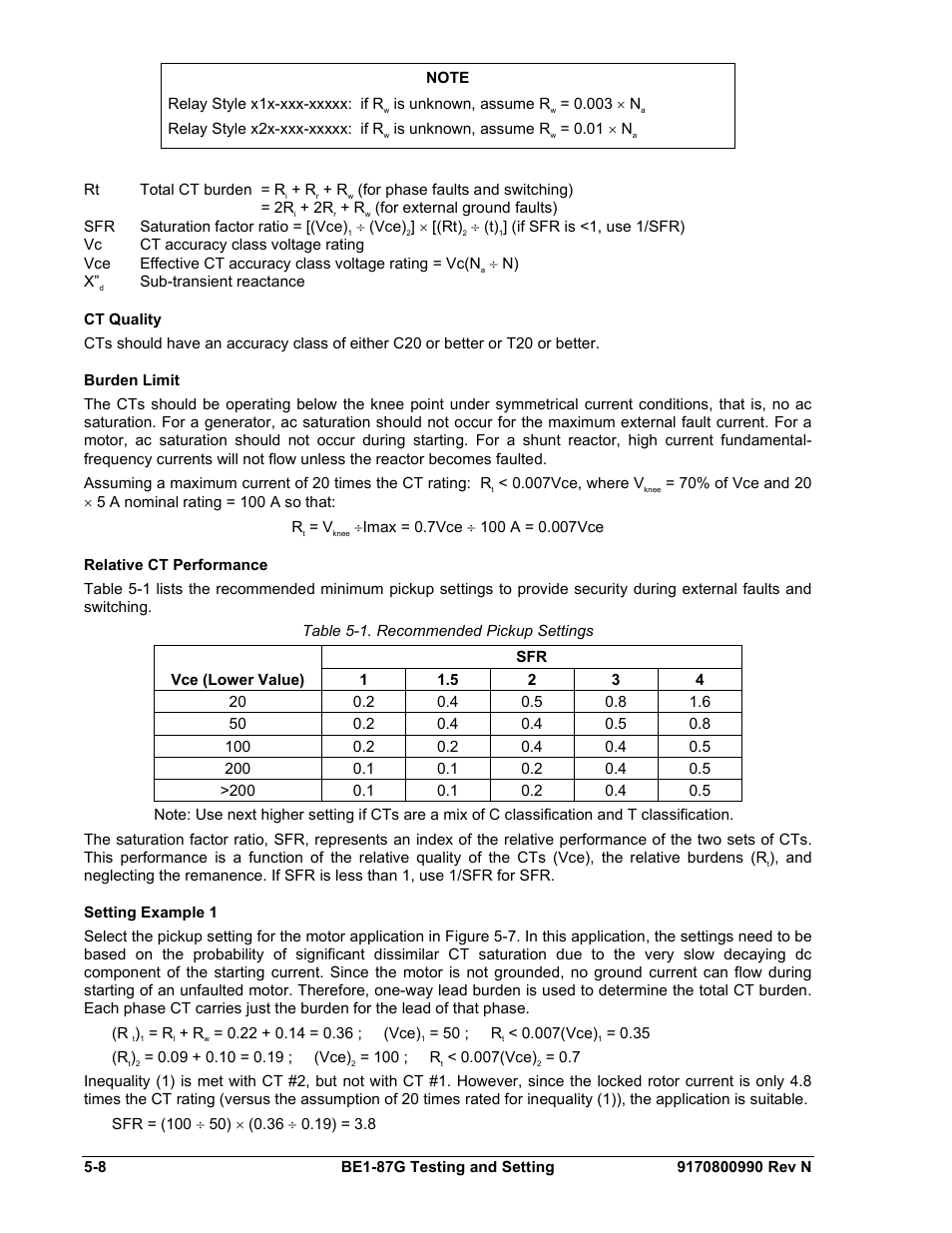 Ct quality, Burden limit, Relative ct performance | Setting example 1, Ct quality -8, Burden limit -8, Relative ct performance -8, Setting example 1 -8, Table 5-1. recommended pickup settings -8 | Basler Electric BE1-87G User Manual | Page 64 / 68