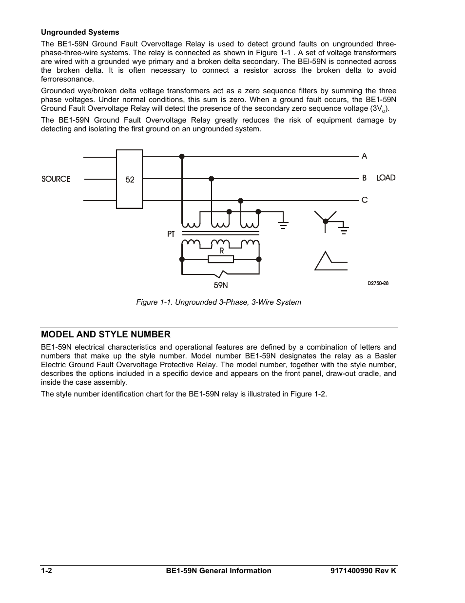 Ungrounded systems, Model and style number, Ungrounded systems -2 | Model and style number -2 | Basler Electric BE1-59N User Manual | Page 10 / 40
