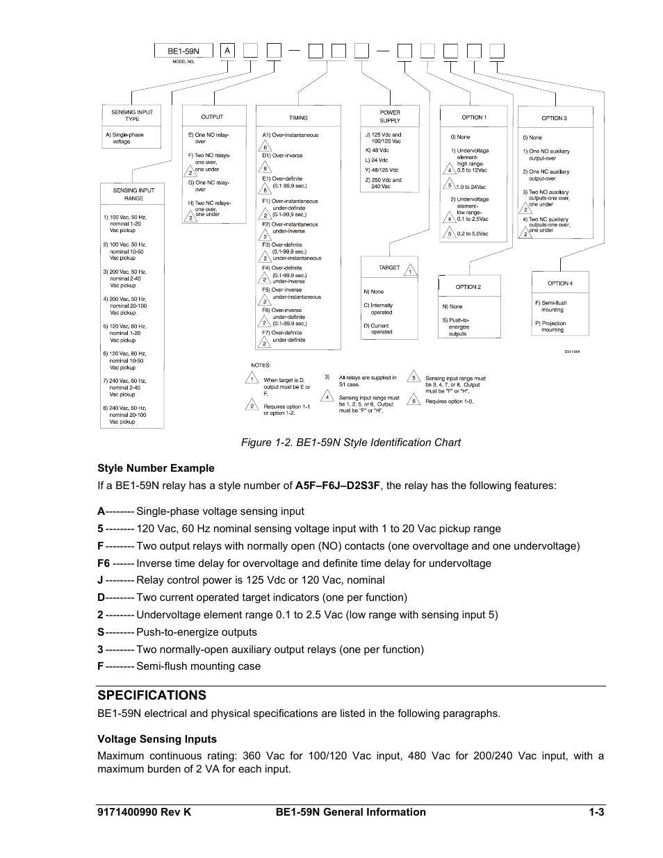 Style number example, Specifications, Voltage sensing inputs | Style number example -3, Specifications -3, Voltage sensing inputs -3 | Basler Electric BE1-59N User Manual | Page 11 / 40