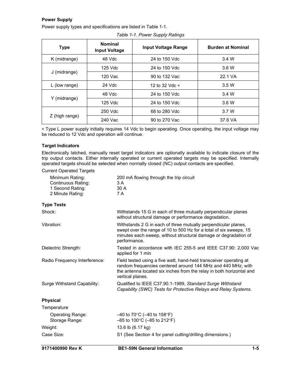 Power supply, Target indicators, Type tests | Physical, Power supply -5, Target indicators -5, Type tests -5 | Basler Electric BE1-59N User Manual | Page 13 / 40