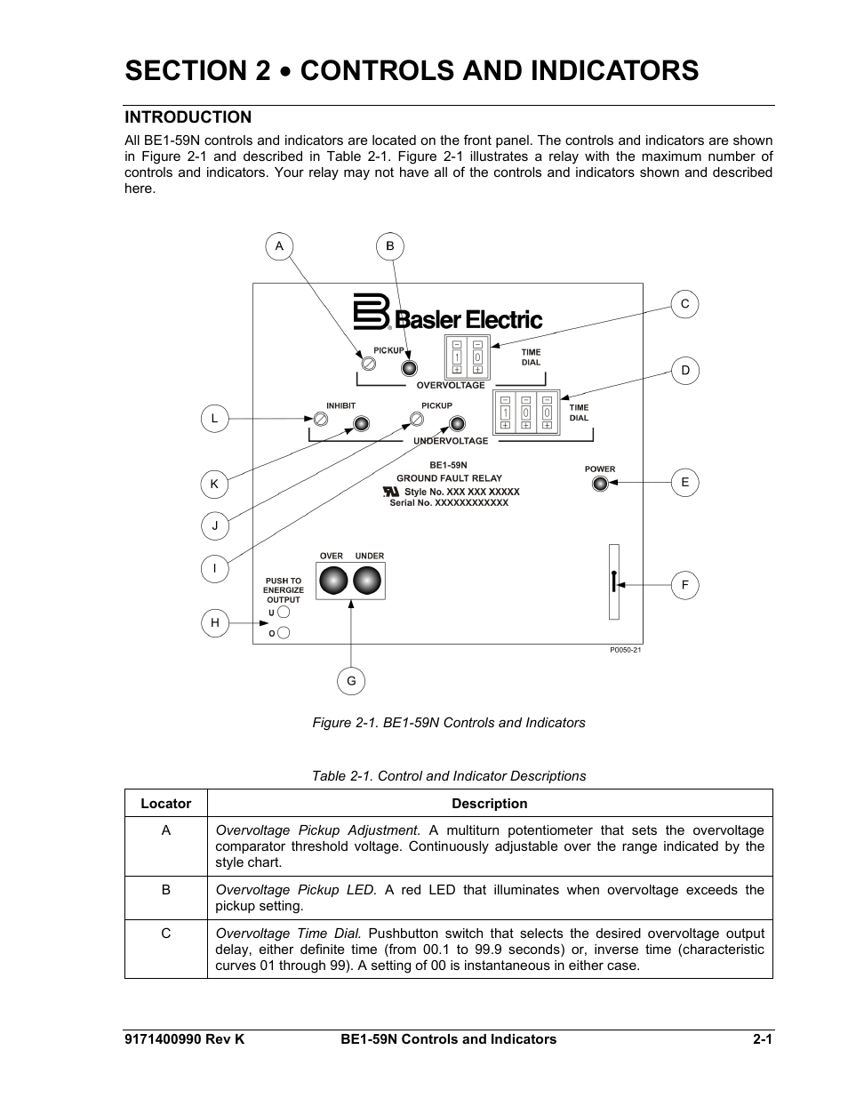Controls and indicators, Introduction, Section 2 • controls and indicators -1 | Introduction -1 | Basler Electric BE1-59N User Manual | Page 17 / 40