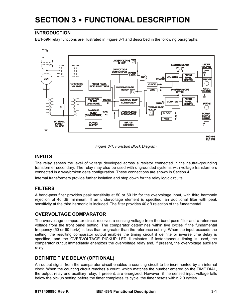 Functional description, Introduction, Inputs | Filters, Overvoltage comparator, Definite time delay (optional), Section 3 • functional description -1, Introduction -1, Inputs -1, Filters -1 | Basler Electric BE1-59N User Manual | Page 19 / 40