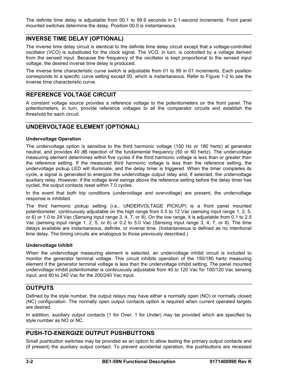 Inverse time delay (optional), Reference voltage circuit, Undervoltage element (optional) | Undervoltage operation, Undervoltage inhibit, Outputs, Push-to-energize output pushbuttons, Inverse time delay (optional) -2, Reference voltage circuit -2, Undervoltage element (optional) -2 | Basler Electric BE1-59N User Manual | Page 20 / 40