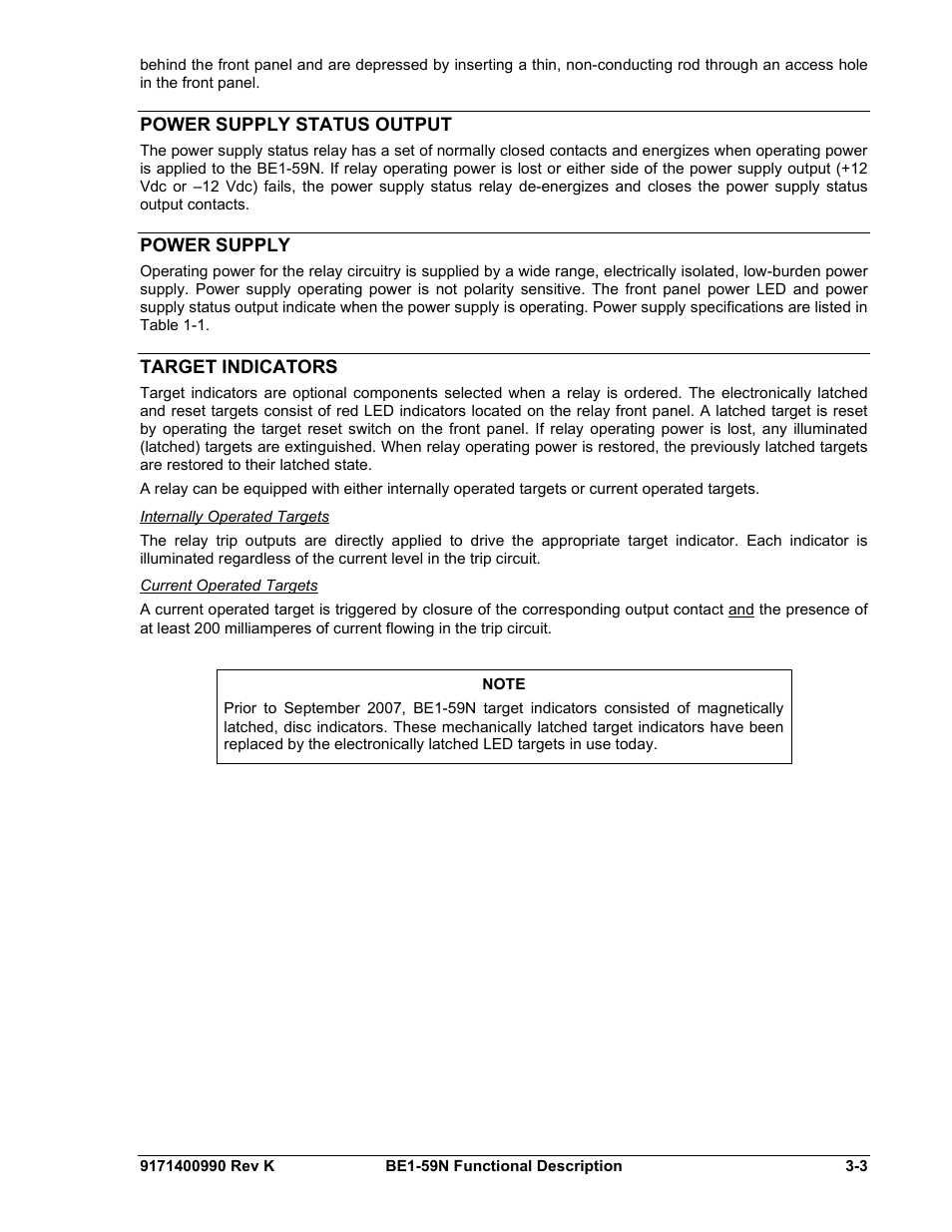 Power supply status output, Power supply, Target indicators | Internally operated targets, Current operated targets, Power supply status output -3, Power supply -3, Target indicators -3, Internally operated targets -3, Current operated targets -3 | Basler Electric BE1-59N User Manual | Page 21 / 40