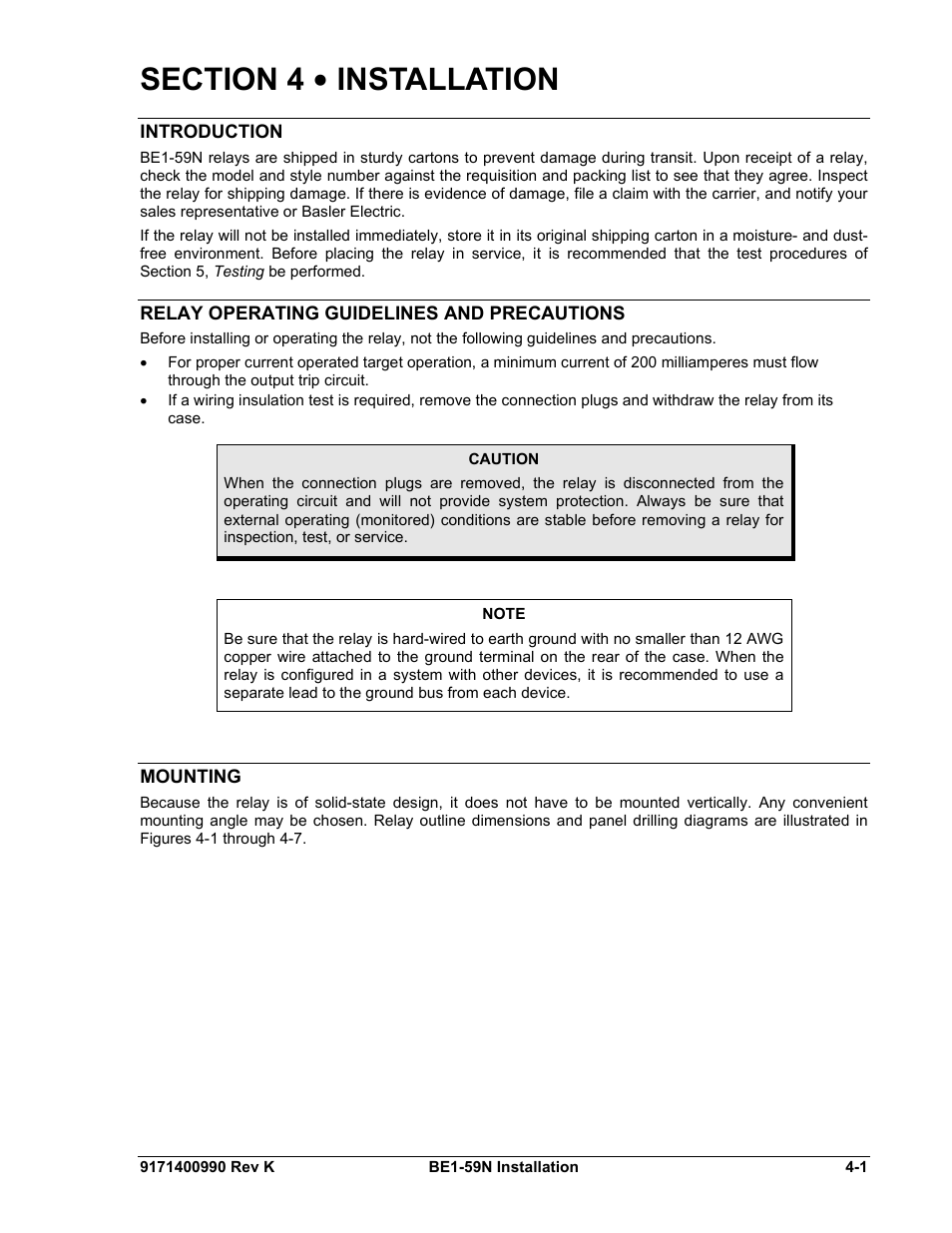 Installation, Introduction, Relay operating guidelines and precautions | Mounting, Section 4 • installation -1, Introduction -1, Relay operating guidelines and precautions -1, Mounting -1 | Basler Electric BE1-59N User Manual | Page 23 / 40