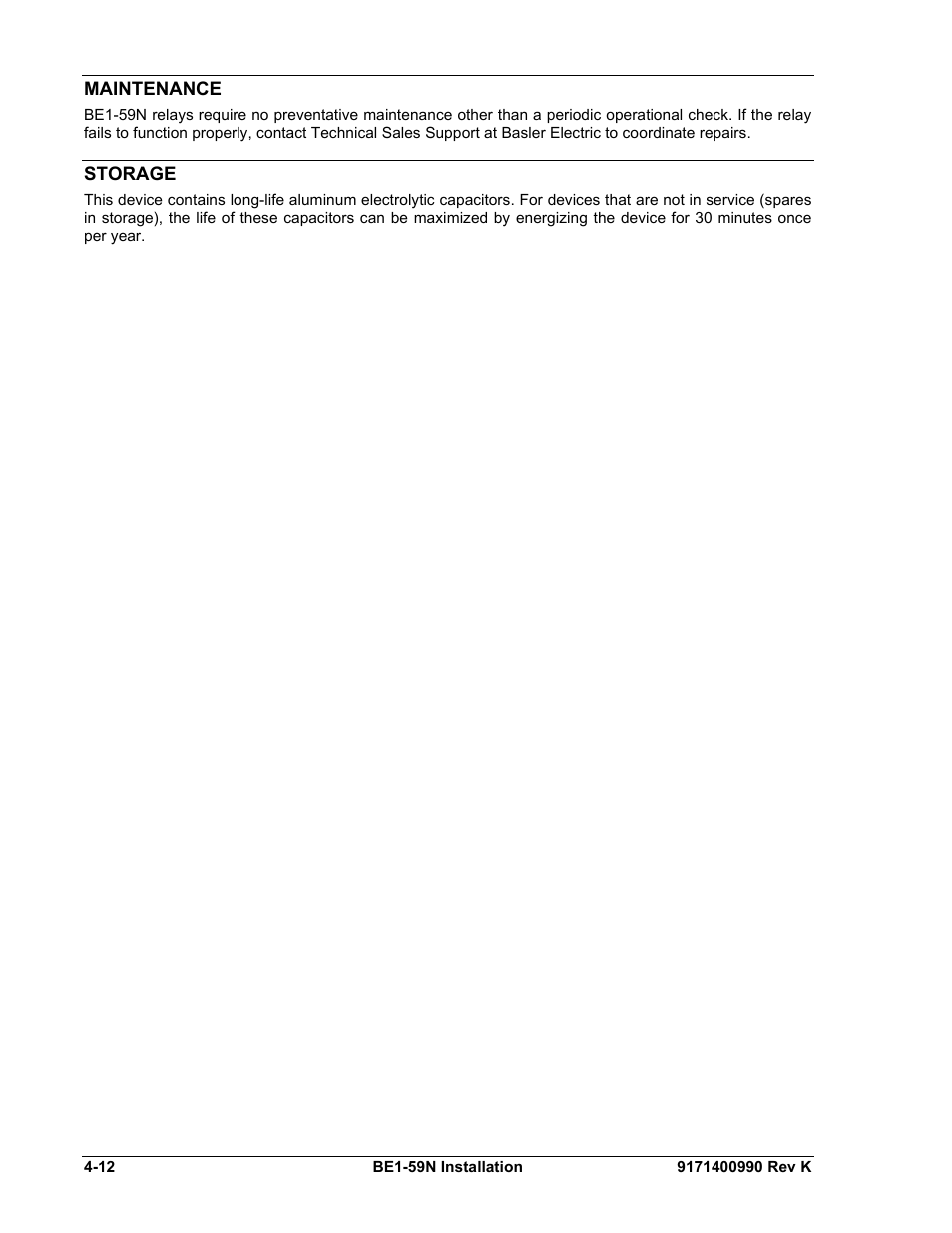Maintenance, Storage, Maintenance -12 | Storage -12 | Basler Electric BE1-59N User Manual | Page 34 / 40
