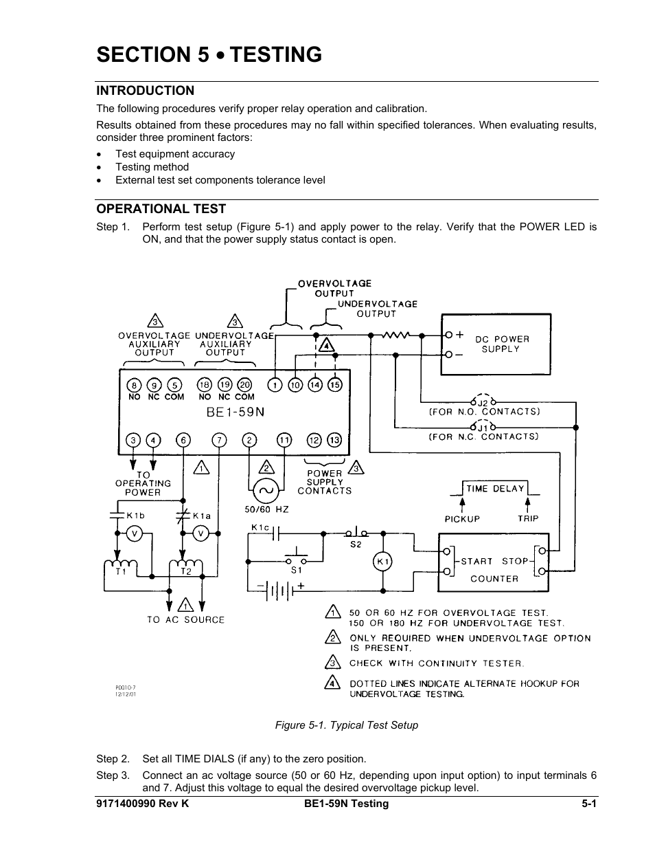 Testing, Introduction, Operational test | Section 5 • testing -1, Introduction -1, Operational test -1 | Basler Electric BE1-59N User Manual | Page 35 / 40