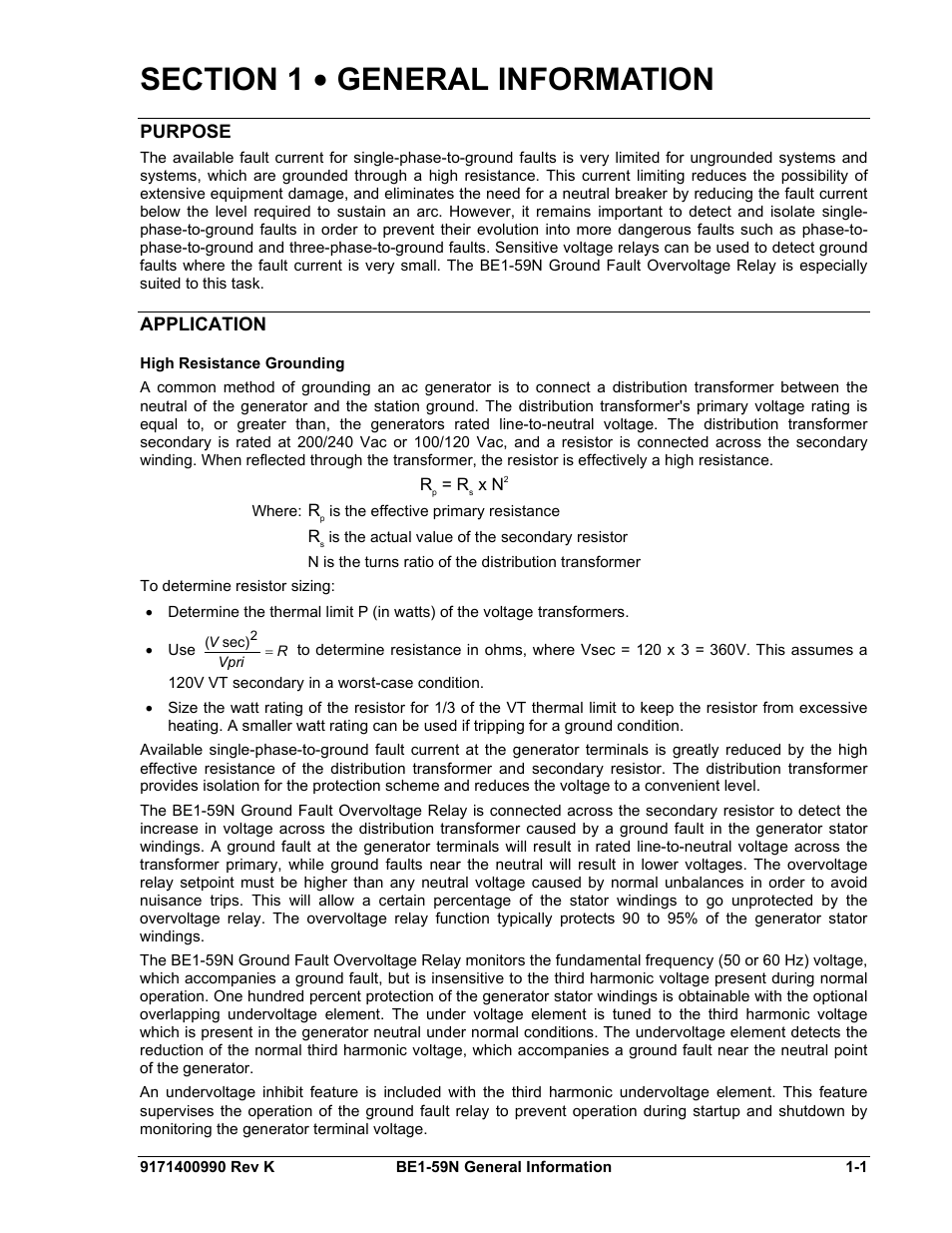 General information, Purpose, Application | High resistance grounding, Section 1 • general information -1, Purpose -1, Application -1, High resistance grounding -1 | Basler Electric BE1-59N User Manual | Page 9 / 40