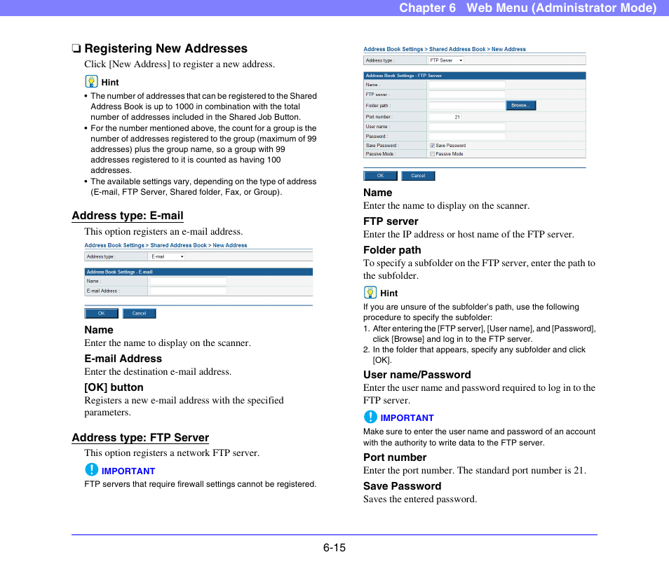 Registering new addresses, Registering new addresses -15, See “registering new | Addresses” on p. 6-15.) | Canon SCANFRONT 300P User Manual | Page 102 / 193