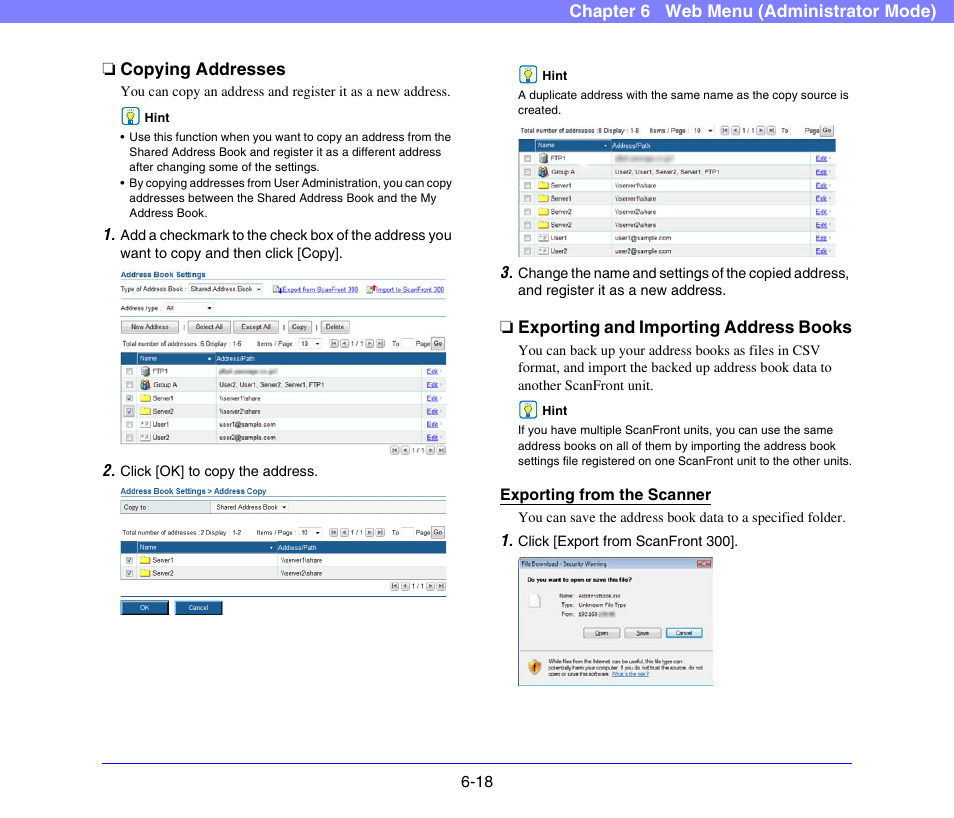 Copying addresses, Exporting and importing address books, See “copying addresses” on p. 6-18.) | Canon SCANFRONT 300P User Manual | Page 105 / 193