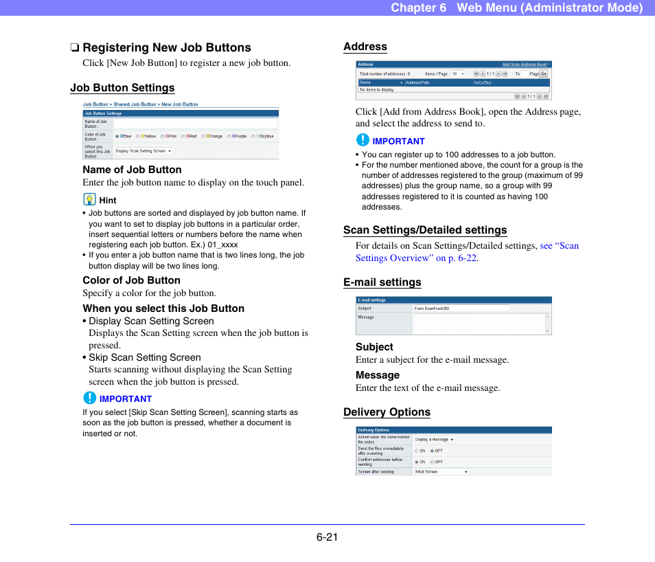 Registering new job buttons, Registering new job buttons -21, See “registering new job buttons” on | P. 6-21, See “registering new job, Buttons” on p. 6-21.) | Canon SCANFRONT 300P User Manual | Page 108 / 193