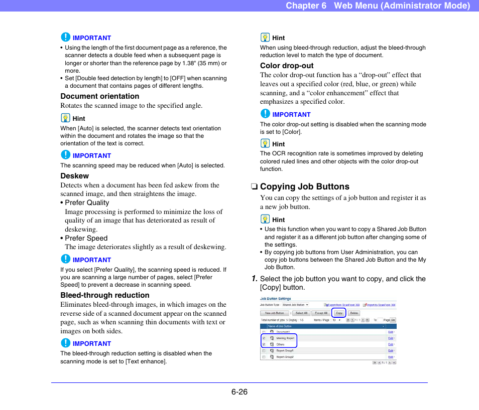 Copying job buttons, Copying job buttons -26, See “copying job buttons” on | P. 6-26.), Chapter 6 web menu (administrator mode) | Canon SCANFRONT 300P User Manual | Page 113 / 193