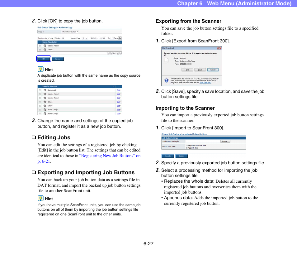 Editing jobs, Exporting and importing job buttons, Exporting and importing job buttons” on p. 6-27.) | Canon SCANFRONT 300P User Manual | Page 114 / 193