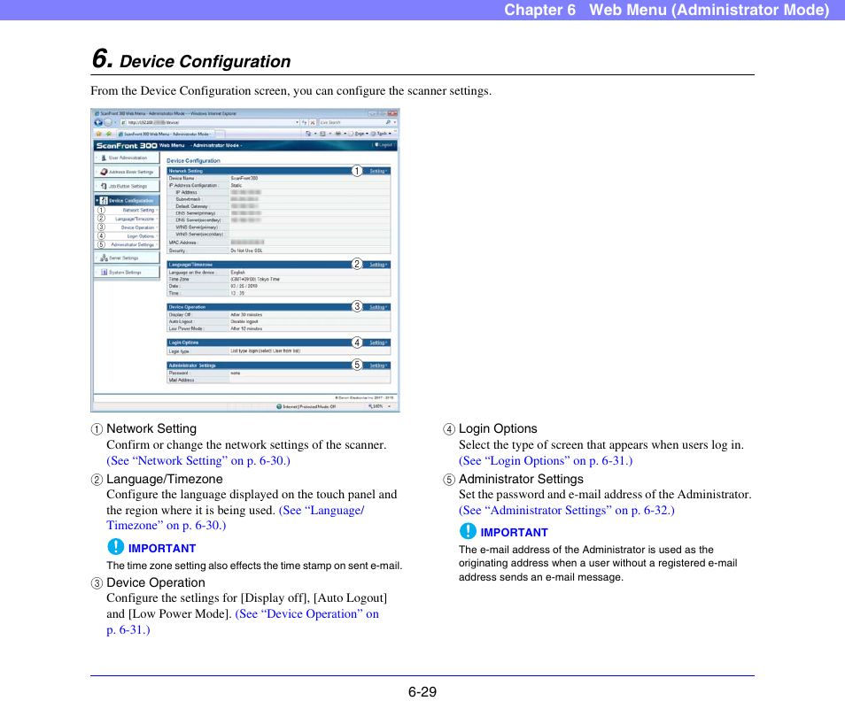 Device configuration, Device configuration -29, See “device configuration” on | P. 6-29.), Device configuration” on p. 6-29.) | Canon SCANFRONT 300P User Manual | Page 116 / 193