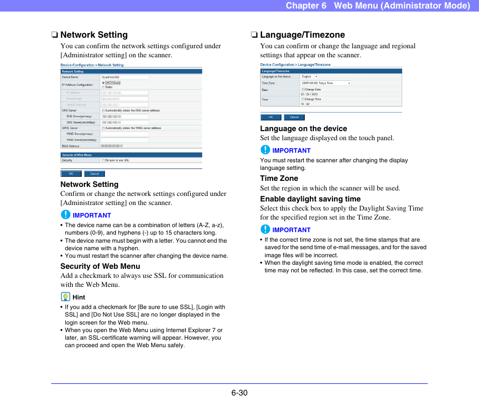 Network setting, Language/timezone, Network setting -30 language/timezone -30 | See p. 6-30), See “network setting” on p. 6-30.), See “language, Timezone” on p. 6-30.) | Canon SCANFRONT 300P User Manual | Page 117 / 193