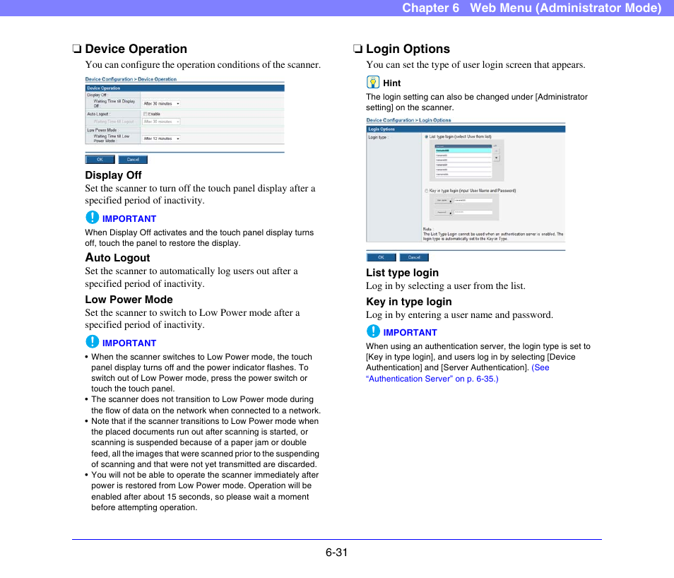 Device operation, Login options, Device operation -31 login options -31 | See p. 6-31), Display off” on p. 6-31.), See “low power mode” on p. 6-31.), See “low power, Mode” on p. 6-31.), See “device operation” on, P. 6-31.) | Canon SCANFRONT 300P User Manual | Page 118 / 193