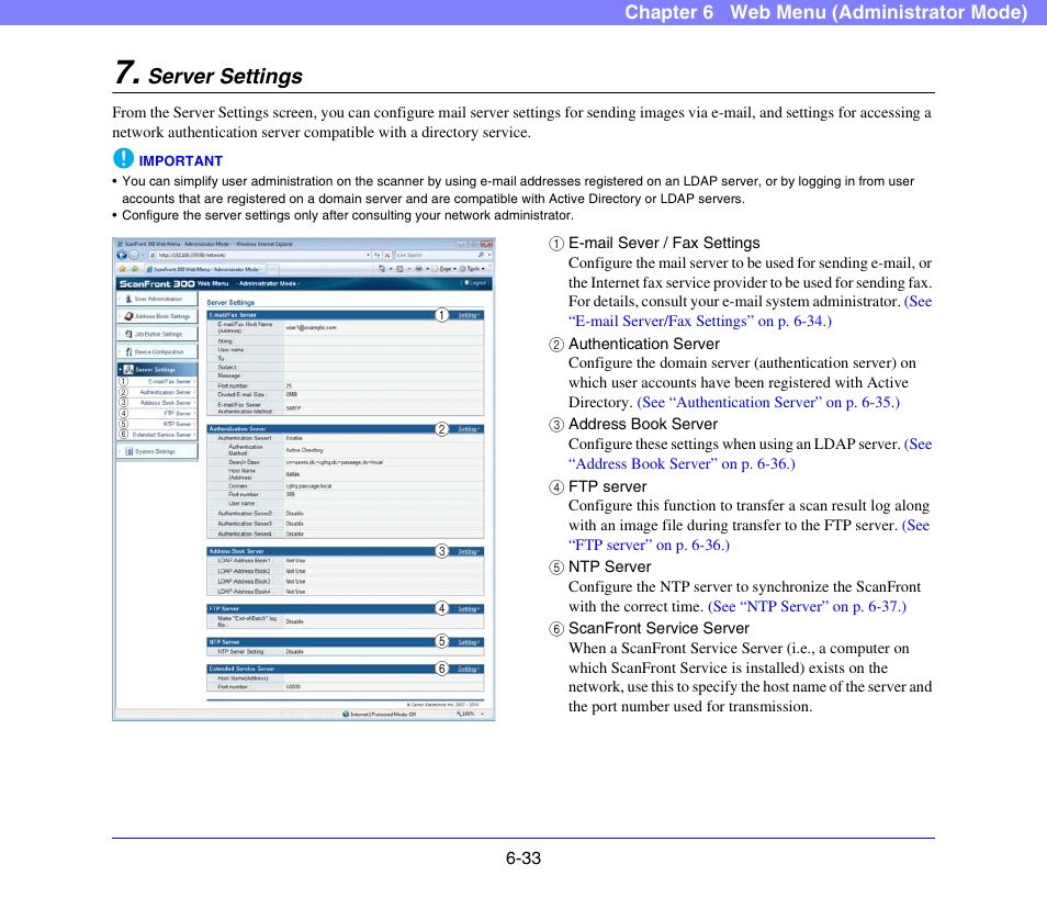 Server settings, Server settings -33, See “server settings” on p. 6-33.) | See “server, Settings” on p. 6-33) | Canon SCANFRONT 300P User Manual | Page 120 / 193