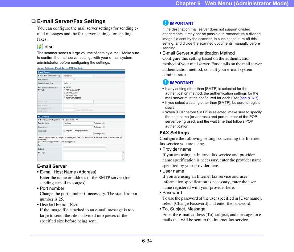 E-mail server/fax settings, E-mail server/fax settings -34, See p. 6-34) | P. 6-34), E-mail server/fax settings” on p. 6-34.) | Canon SCANFRONT 300P User Manual | Page 121 / 193