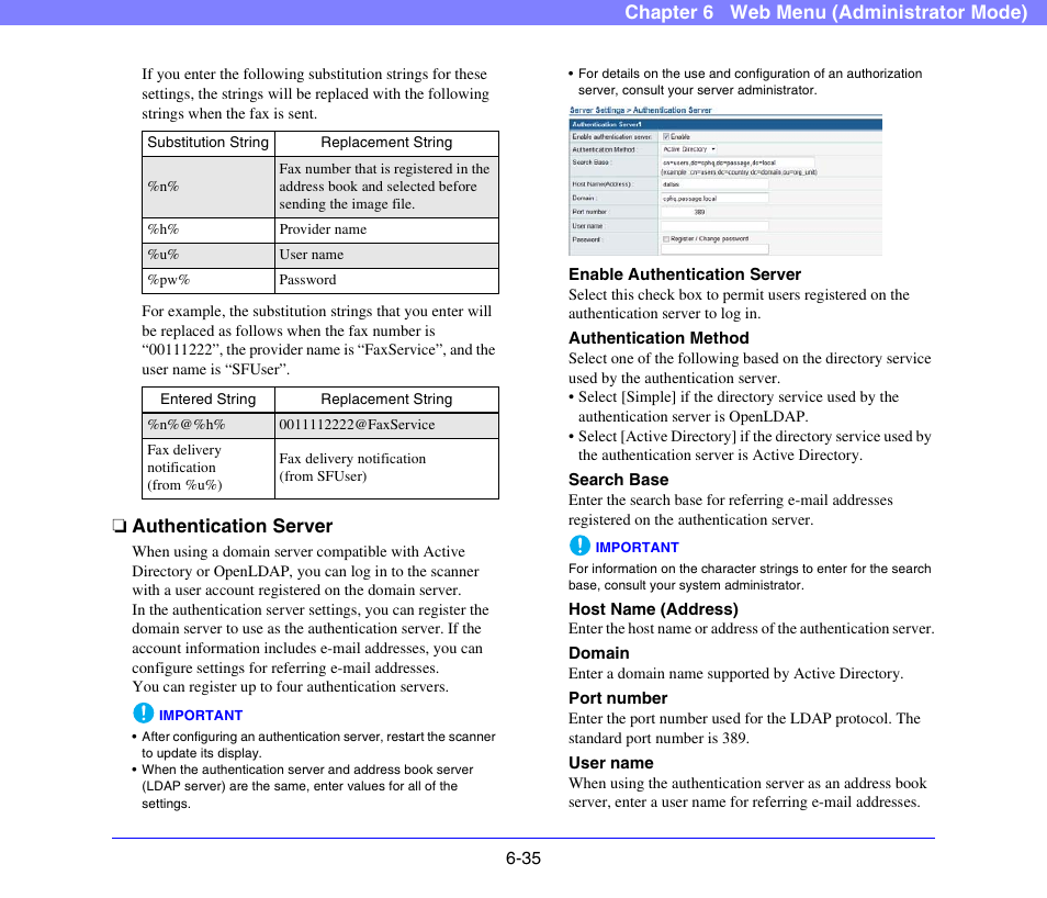 Authentication server, Authentication server -35, See p. 6-35) | See “authentication server” on p. 6-35.), Chapter 6 web menu (administrator mode) | Canon SCANFRONT 300P User Manual | Page 122 / 193