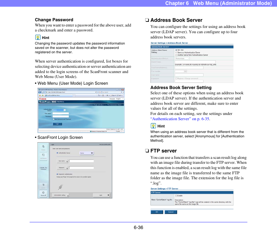 Address book server, Ftp server, Address book server -36 ftp server -36 | See p. 6-36), Address book server” on p. 6-36.), Ftp server” on p. 6-36.) | Canon SCANFRONT 300P User Manual | Page 123 / 193